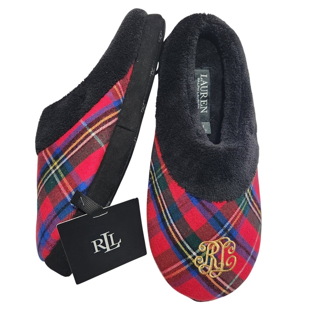 Lauren Ralph Lauren Women's Faux-Fur-Trim Holiday Slippers Black Medium NWT